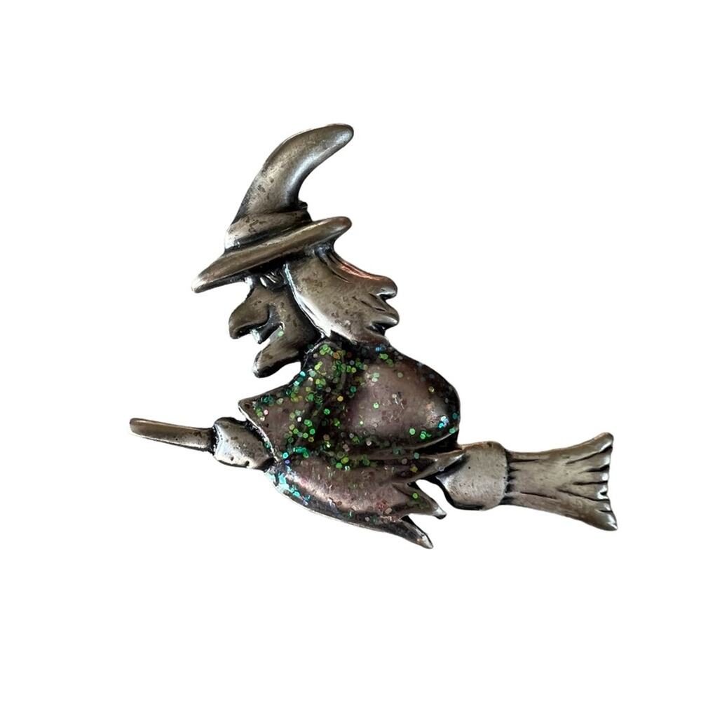 Vintage Halloween Witch Brooch Pin Glitter Broomstick Spooky Jewelry AAI